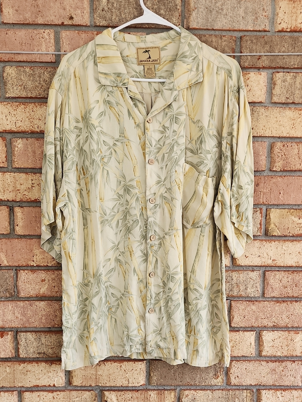 Jamaica Jaxx Size Large 100% Silk Bamboo Print Button-Up - Pale Yellow & Sage
